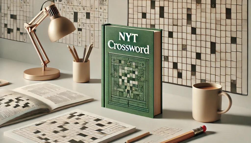 A modern desk featuring a green book labeled 'NYT Crossword,' surrounded by crossword grids, a pencil, and a cup of coffee, emphasizing curiosity and intellectual discovery.