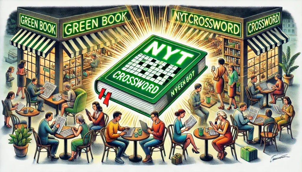 A cozy coffee shop scene showing people solving crosswords on green books, laptops, and phones, with a glowing green book labeled 'NYT Crossword' at the center, highlighting its widespread appeal.