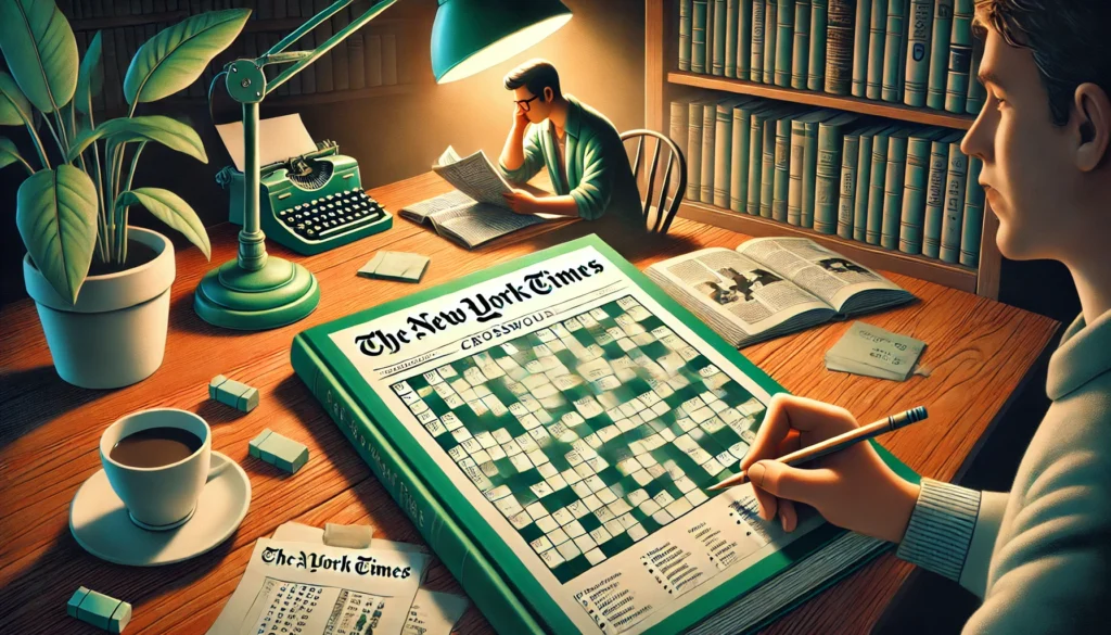 An illustration of a person solving a New York Times crossword puzzle at a cozy wooden desk. The central focus is a green book open to reveal a crossword grid. The person, holding a pencil, is deeply engrossed in the activity. The desk is adorned with a cup of coffee, scattered notes, and illuminated by a warm table lamp. In the background, a bookshelf filled with books adds to the serene and intellectual atmosphere.